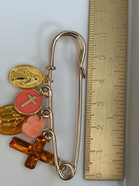 Broche ex voto, broche médaille religieuse, broche épingle porte bonheur, croix et vierge miraculeuse fait main,