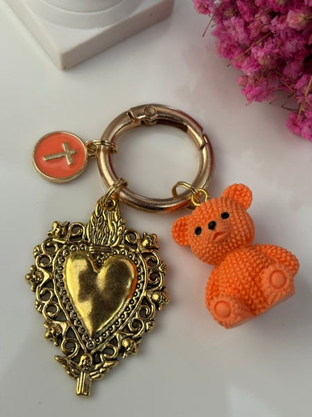 Charms ex voto ours et médaille religieuse, porte clé ourson, cadeau pour maman ourson, cadeau femme cœur ex voto, breloque médaille religieuse