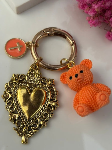 Charms ex voto ours et médaille religieuse, porte clé ourson, cadeau pour maman ourson, cadeau femme cœur ex voto, breloque médaille religieuse