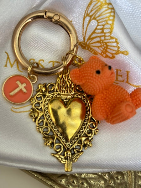 Charms ex voto ours et médaille religieuse, porte clé ourson, cadeau pour maman ourson, cadeau femme cœur ex voto, breloque médaille religieuse