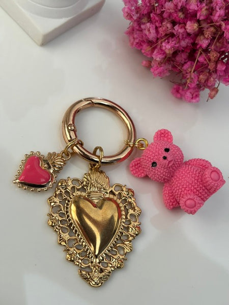 Charms ex voto coeur, porte clé ourson, cadeau pour maman ourson, cadeau femme cœur ourson fuchsia