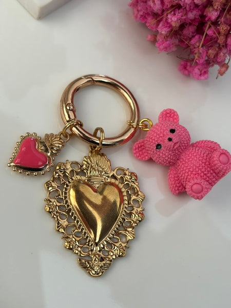 Charms ex voto coeur, porte clé ourson, cadeau pour maman ourson, cadeau femme cœur ourson fuchsia