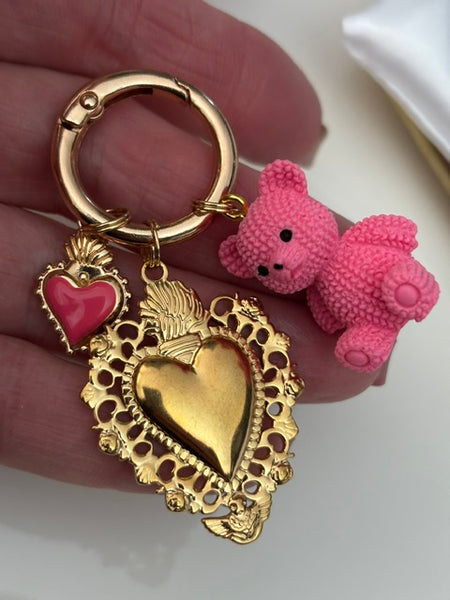 Charms ex voto coeur, porte clé ourson, cadeau pour maman ourson, cadeau femme cœur ourson fuchsia
