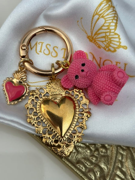 Charms ex voto coeur, porte clé ourson, cadeau pour maman ourson, cadeau femme cœur ourson fuchsia