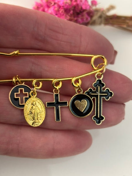Broche ex voto, broche croix médaille religieuse, cadeau pour maman croix, cadeau pour femme croix, breloque croix coeur sacré