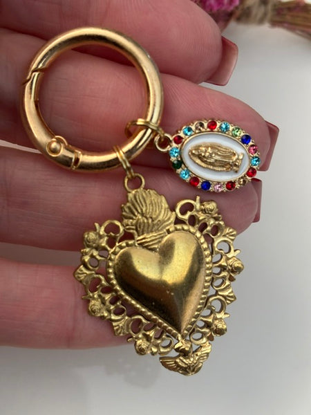 Charms ex voto coeur sacré, charms pour sac ex voto, cadeau pour femme charms coeur sacré, coeurs doré et charms, cadeau cérémonie