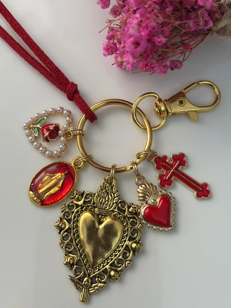 Porte-clés vierge Marie coeur sacré et croix, cadeau pour maman vierge de la Guadeloupe, breloque vierge médaille miraculeuse, ex voto bijou