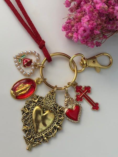 Porte-clés vierge Marie coeur sacré et croix, cadeau pour maman vierge de la Guadeloupe, breloque vierge médaille miraculeuse, ex voto bijou