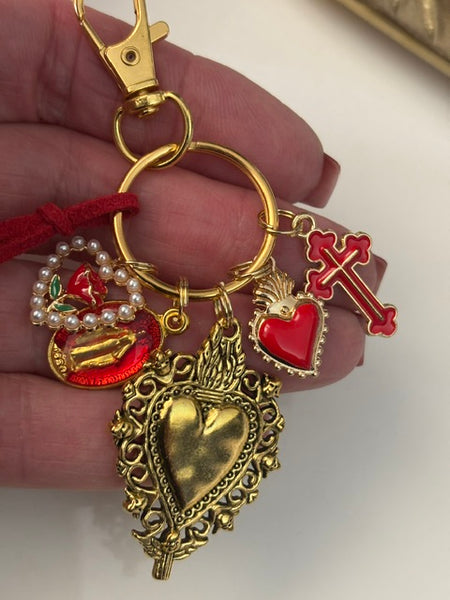 Porte-clés vierge Marie coeur sacré et croix, cadeau pour maman vierge de la Guadeloupe, breloque vierge médaille miraculeuse, ex voto bijou