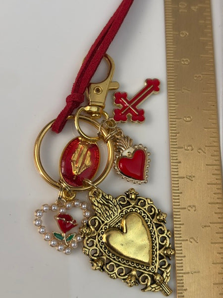 Porte-clés vierge Marie coeur sacré et croix, cadeau pour maman vierge de la Guadeloupe, breloque vierge médaille miraculeuse, ex voto bijou