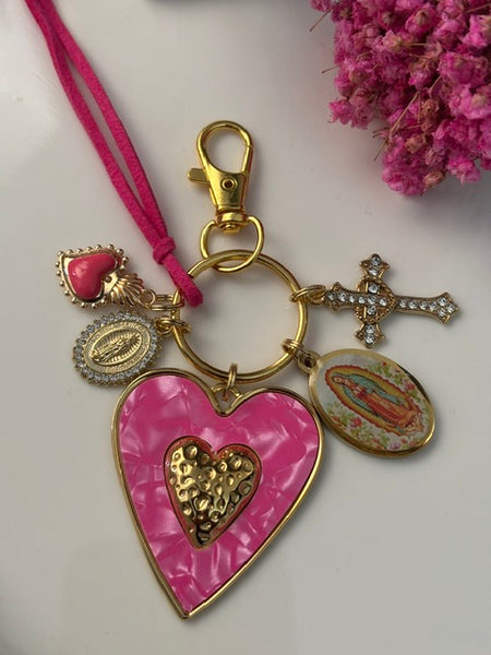 Porte-clés vierge Marie coeur sacré et croix, cadeau pour maman vierge de la Guadeloupe, breloque vierge médaille miraculeuse, ex voto bijou