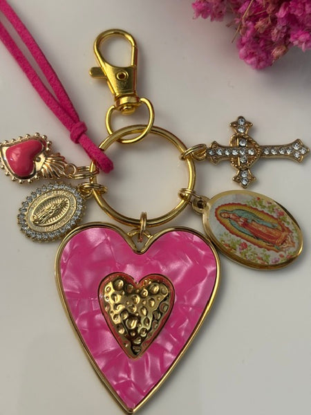 Porte-clés vierge Marie coeur sacré et croix, cadeau pour maman vierge de la Guadeloupe, breloque vierge médaille miraculeuse, ex voto bijou