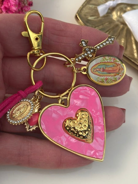 Porte-clés vierge Marie coeur sacré et croix, cadeau pour maman vierge de la Guadeloupe, breloque vierge médaille miraculeuse, ex voto bijou