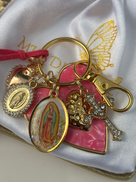 Porte-clés vierge Marie coeur sacré et croix, cadeau pour maman vierge de la Guadeloupe, breloque vierge médaille miraculeuse, ex voto bijou