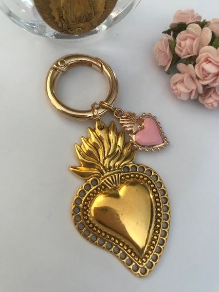 Charms ex voto coeur sacré, charms pour sac ex voto, cadeau pour femme charms coeur sacré, coeurs doré et rose charms.