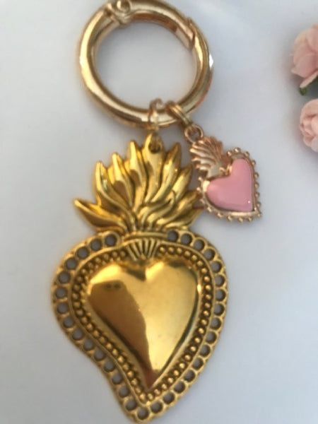 Charms ex voto coeur sacré, charms pour sac ex voto, cadeau pour femme charms coeur sacré, coeurs doré et rose charms.