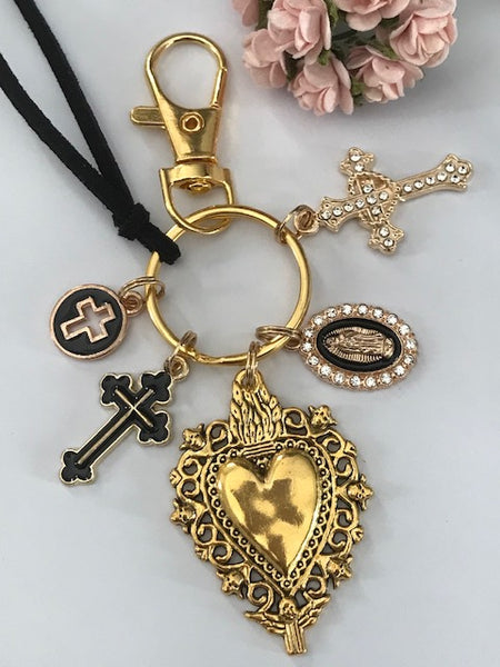 Porte-clés vierge Marie coeur sacré et croix, cadeau pour maman vierge, breloque vierge médaille miraculeuse, porte clés ex voto