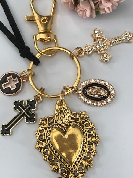 Porte-clés vierge Marie coeur sacré et croix, cadeau pour maman vierge, breloque vierge médaille miraculeuse, porte clés ex voto