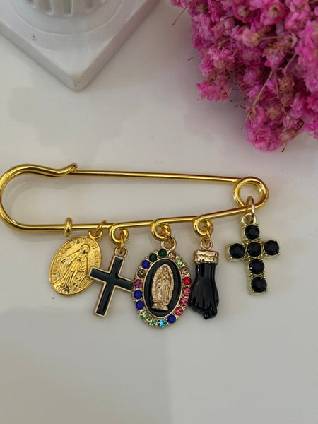 Broche ex voto, broche croix médaille religieuse, cadeau pour maman croix, cadeau pour femme croix, breloque croix noir