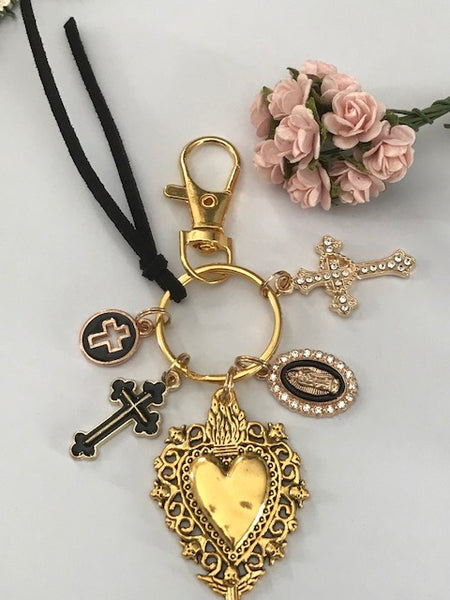 Porte-clés vierge Marie coeur sacré et croix, cadeau pour maman vierge, breloque vierge médaille miraculeuse, porte clés ex voto