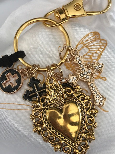 Porte-clés vierge Marie coeur sacré et croix, cadeau pour maman vierge, breloque vierge médaille miraculeuse, porte clés ex voto