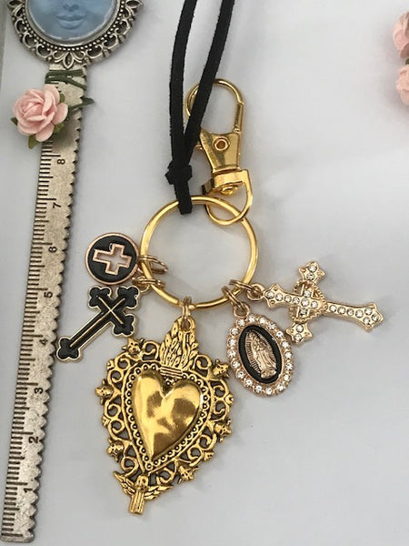 Porte-clés vierge Marie coeur sacré et croix, cadeau pour maman vierge, breloque vierge médaille miraculeuse, porte clés ex voto