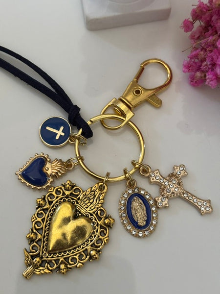 Porte-clés coeur sacré et croix, cadeau pour maman ex voto, breloque médaille miraculeuse, porte clé croix coeur sacré, porte clé bleu marine