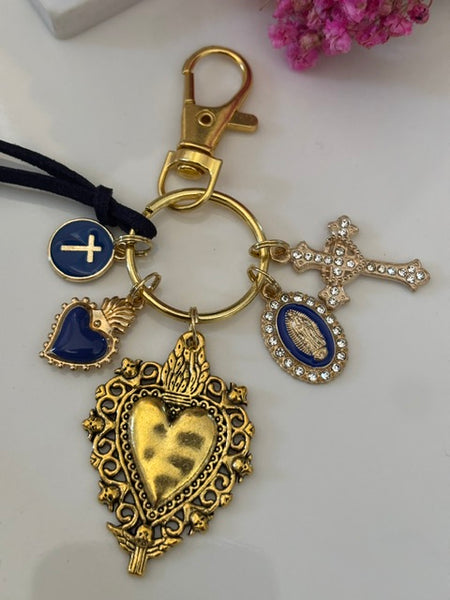 Porte-clés coeur sacré et croix, cadeau pour maman ex voto, breloque médaille miraculeuse, porte clé croix coeur sacré, porte clé bleu marine