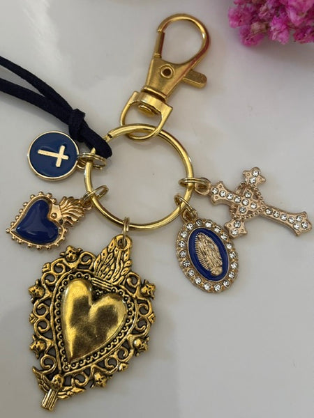 Porte-clés coeur sacré et croix, cadeau pour maman ex voto, breloque médaille miraculeuse, porte clé croix coeur sacré, porte clé bleu marine