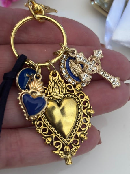 Porte-clés coeur sacré et croix, cadeau pour maman ex voto, breloque médaille miraculeuse, porte clé croix coeur sacré, porte clé bleu marine