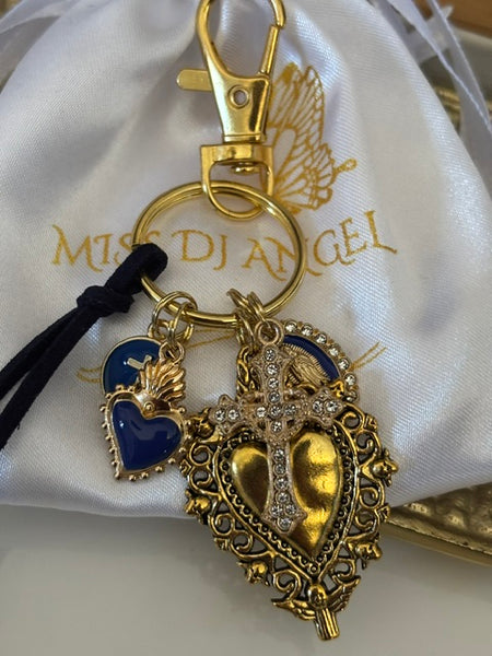 Porte-clés coeur sacré et croix, cadeau pour maman ex voto, breloque médaille miraculeuse, porte clé croix coeur sacré, porte clé bleu marine