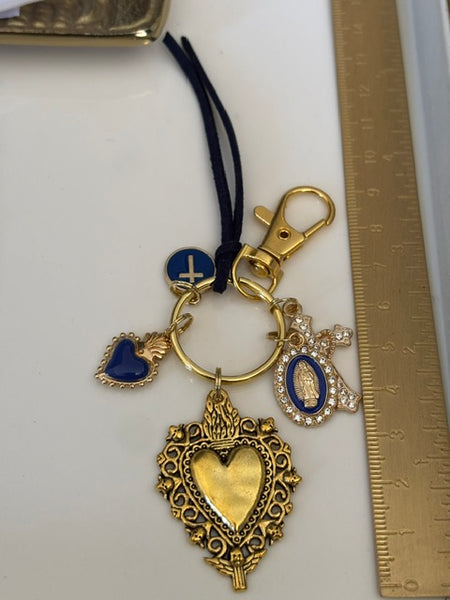Porte-clés coeur sacré et croix, cadeau pour maman ex voto, breloque médaille miraculeuse, porte clé croix coeur sacré, porte clé bleu marine
