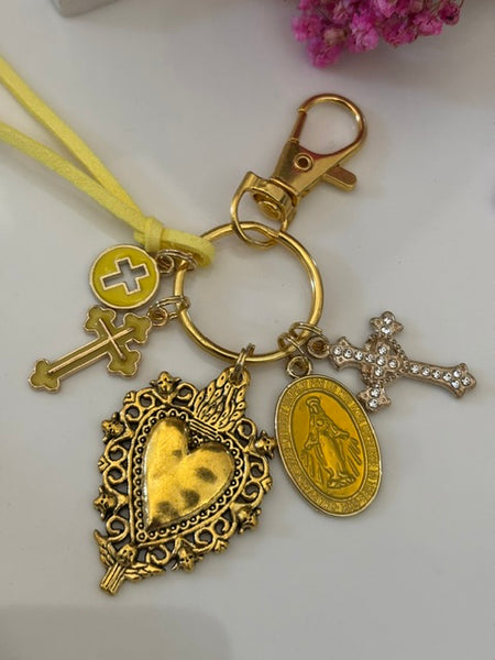 Porte-clés vierge Marie coeur sacré et croix, cadeau pour maman vierge, breloque vierge médaille miraculeuse, porte clés ex voto