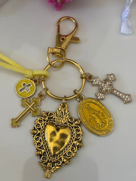 Porte-clés vierge Marie coeur sacré et croix, cadeau pour maman vierge, breloque vierge médaille miraculeuse, porte clés ex voto
