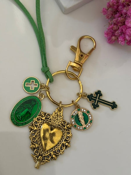 Porte-clés vierge Marie coeur sacré et croix, cadeau pour maman vierge, breloque vierge médaille miraculeuse, porte clé croix ex voto