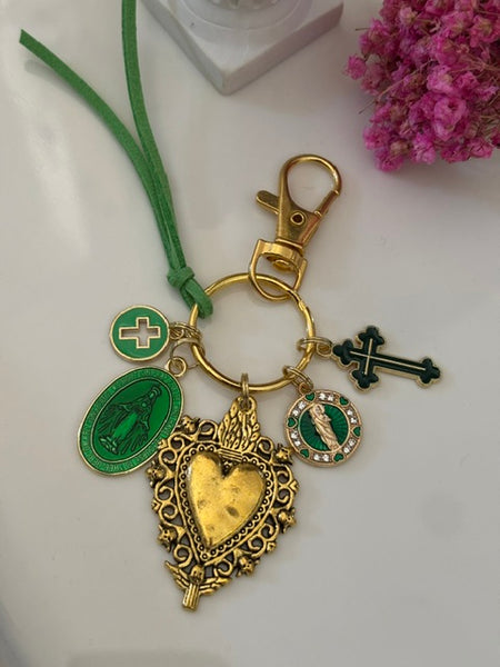 Porte-clés vierge Marie coeur sacré et croix, cadeau pour maman vierge, breloque vierge médaille miraculeuse, porte clé croix ex voto