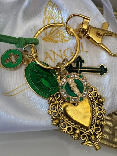 Porte-clés vierge Marie coeur sacré et croix, cadeau pour maman vierge, breloque vierge médaille miraculeuse, porte clé croix ex voto