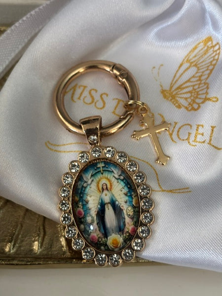 Porte-clés vierge Marie et croix dorée, charms médaille religieuse, cadeau pour femme strass, Breloque Notre Dame et croix