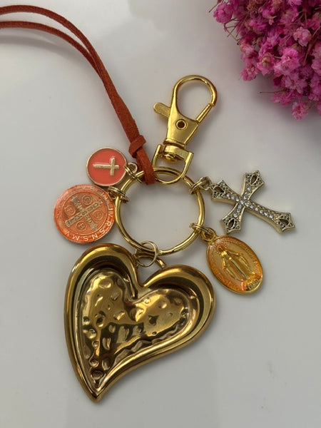 Porte-clés vierge Marie coeur sacré et croix, cadeau pour maman Saint Benoit, breloque vierge médaille miraculeuse, ex voto bijou