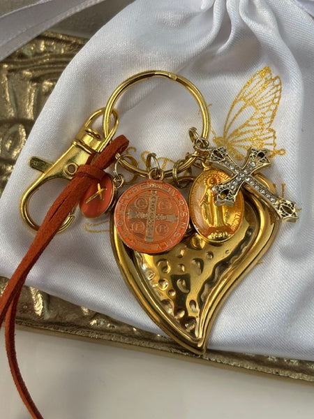 Porte-clés vierge Marie coeur sacré et croix, cadeau pour maman Saint Benoit, breloque vierge médaille miraculeuse, ex voto bijou