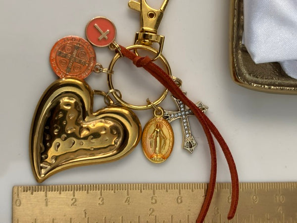 Porte-clés vierge Marie coeur sacré et croix, cadeau pour maman Saint Benoit, breloque vierge médaille miraculeuse, ex voto bijou