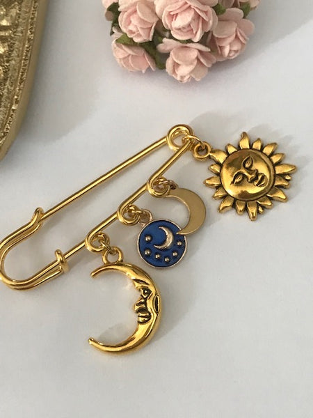 Broche lune et soleil, cadeau pour maman soleil, cadeau femme lune, breloque lune et soleil, pendentif soleil doré