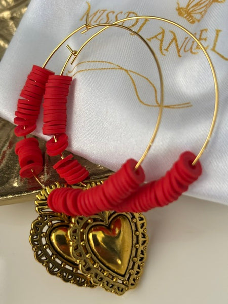 Boucles d'oreilles créoles ex voto, boucles d'oreilles religieuses, breloque coeur sacré, couleur "grenadine" boucles pendentif coeur doré