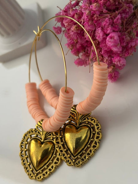 Boucles d'oreilles créoles ex voto, boucles d'oreilles religieuses, breloque coeur sacré, couleur "Pêche" boucles pendentif coeur doré