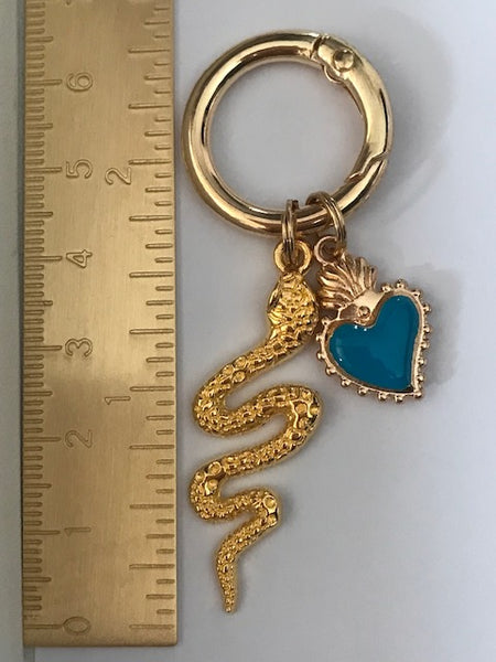 Charms serpent doré, charms pour sac coeur et serpent, cadeau pour femme charms coeur sacré, coeur bleu et serpent pendentifs,