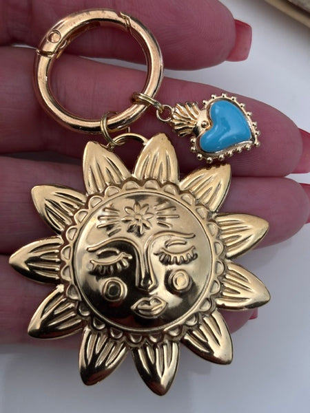Charms soleil et coeur ex voto, charms pour sac ex voto, cadeau pour femme charms soleil coeur, breloque coeur sacré bleu