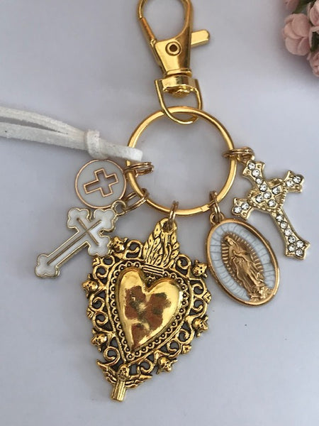 Porte-clés vierge Marie coeur sacré et croix, cadeau pour maman vierge, breloque vierge médaille miraculeuse, porte clés ex voto