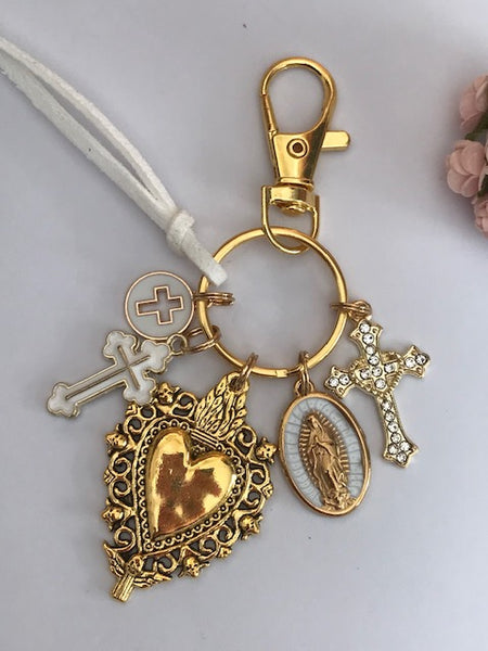 Porte-clés vierge Marie coeur sacré et croix, cadeau pour maman vierge, breloque vierge médaille miraculeuse, porte clés ex voto