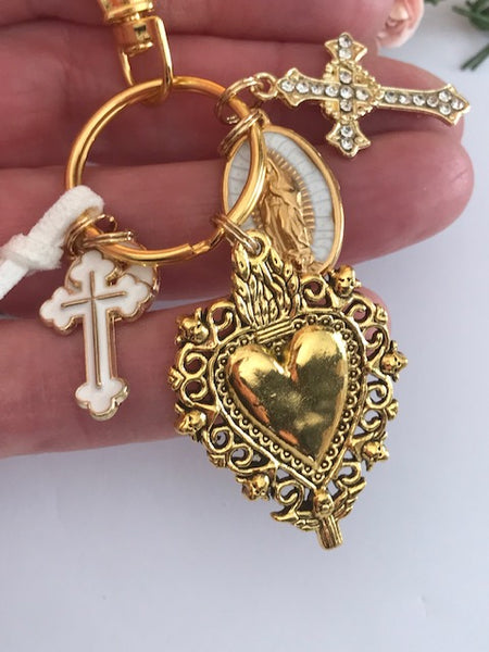 Porte-clés vierge Marie coeur sacré et croix, cadeau pour maman vierge, breloque vierge médaille miraculeuse, porte clés ex voto