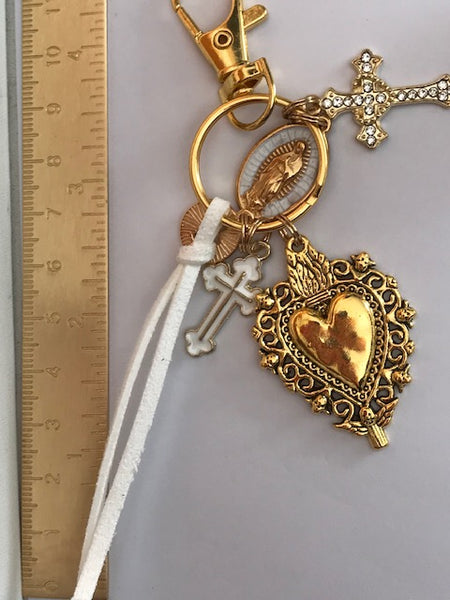Porte-clés vierge Marie coeur sacré et croix, cadeau pour maman vierge, breloque vierge médaille miraculeuse, porte clés ex voto